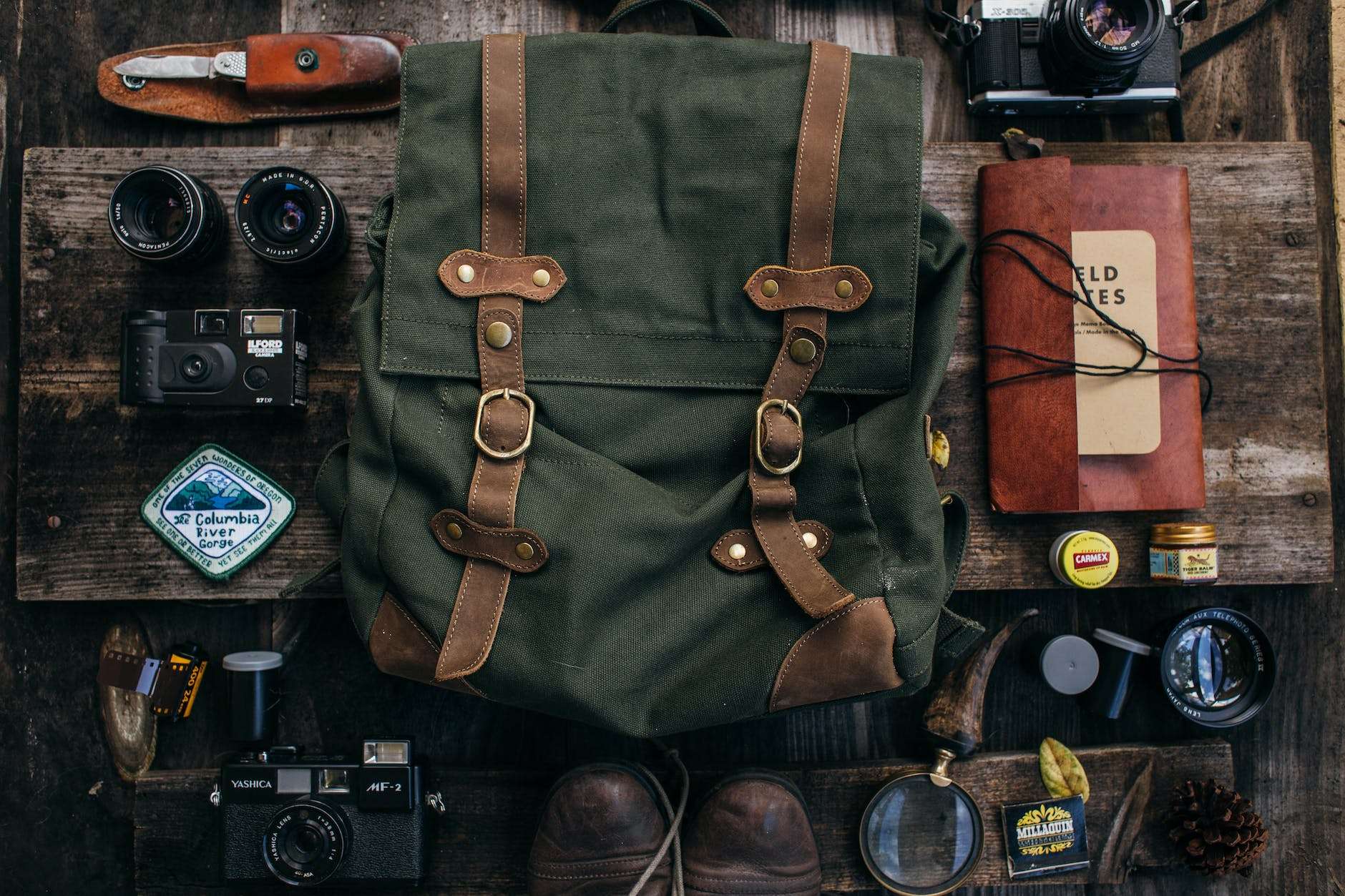 set of different items for exploration on desk with cameras